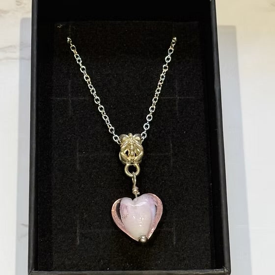 Pink Heart Glass Necklace