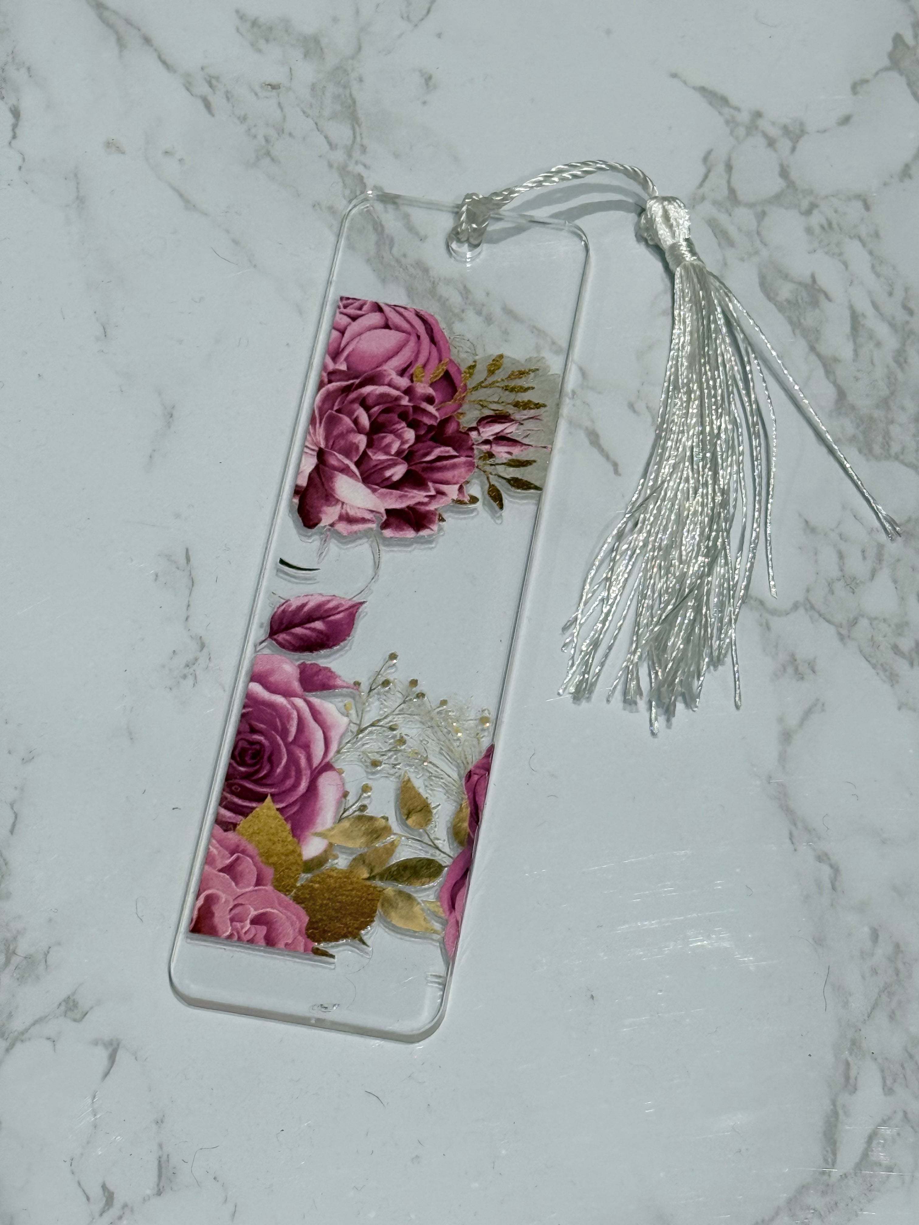 Handmade Clear Acrylic Floral Bookmark with Silk Tassel